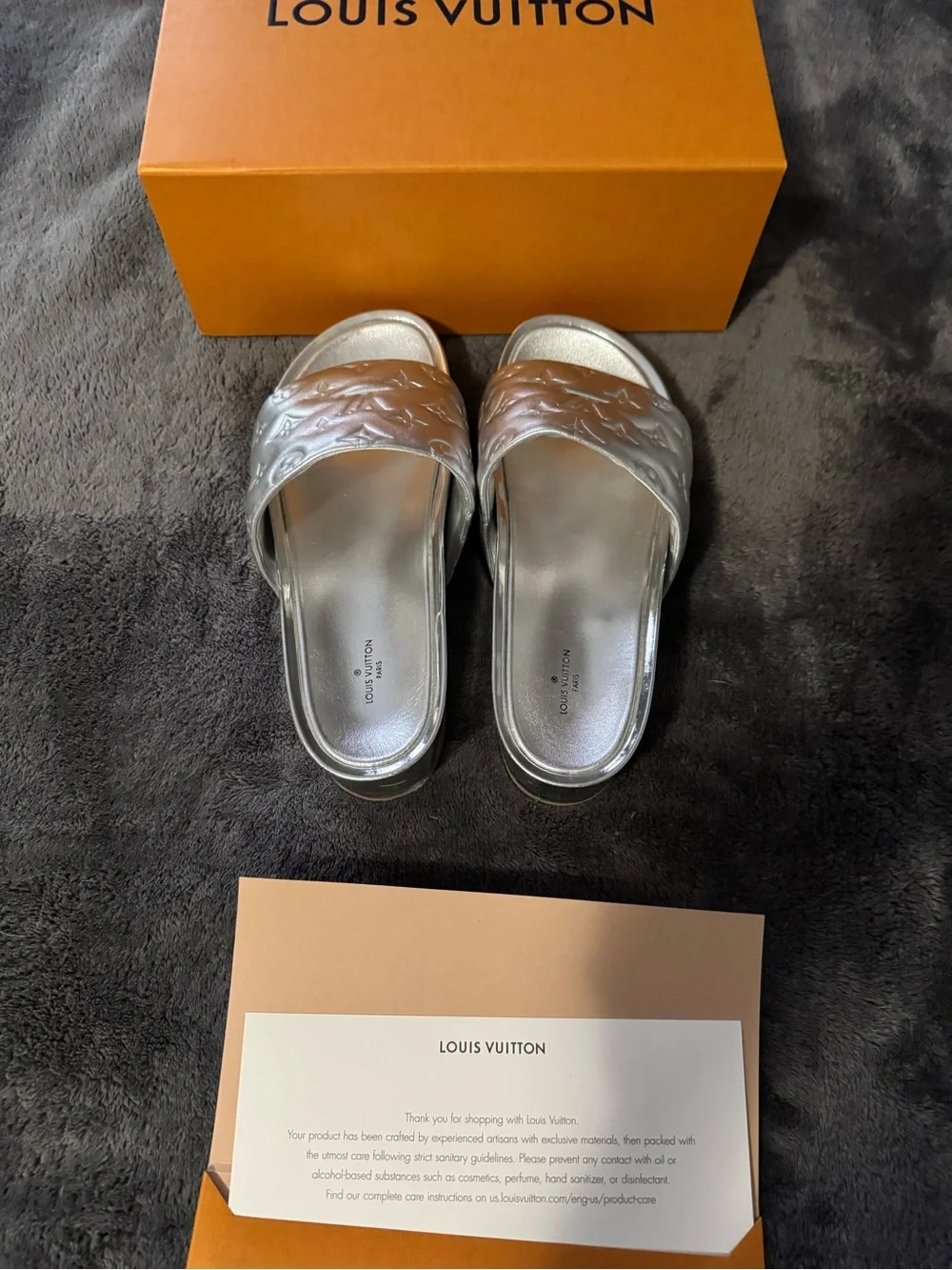 Louis Vuitton Silver Monogram Platform Slides